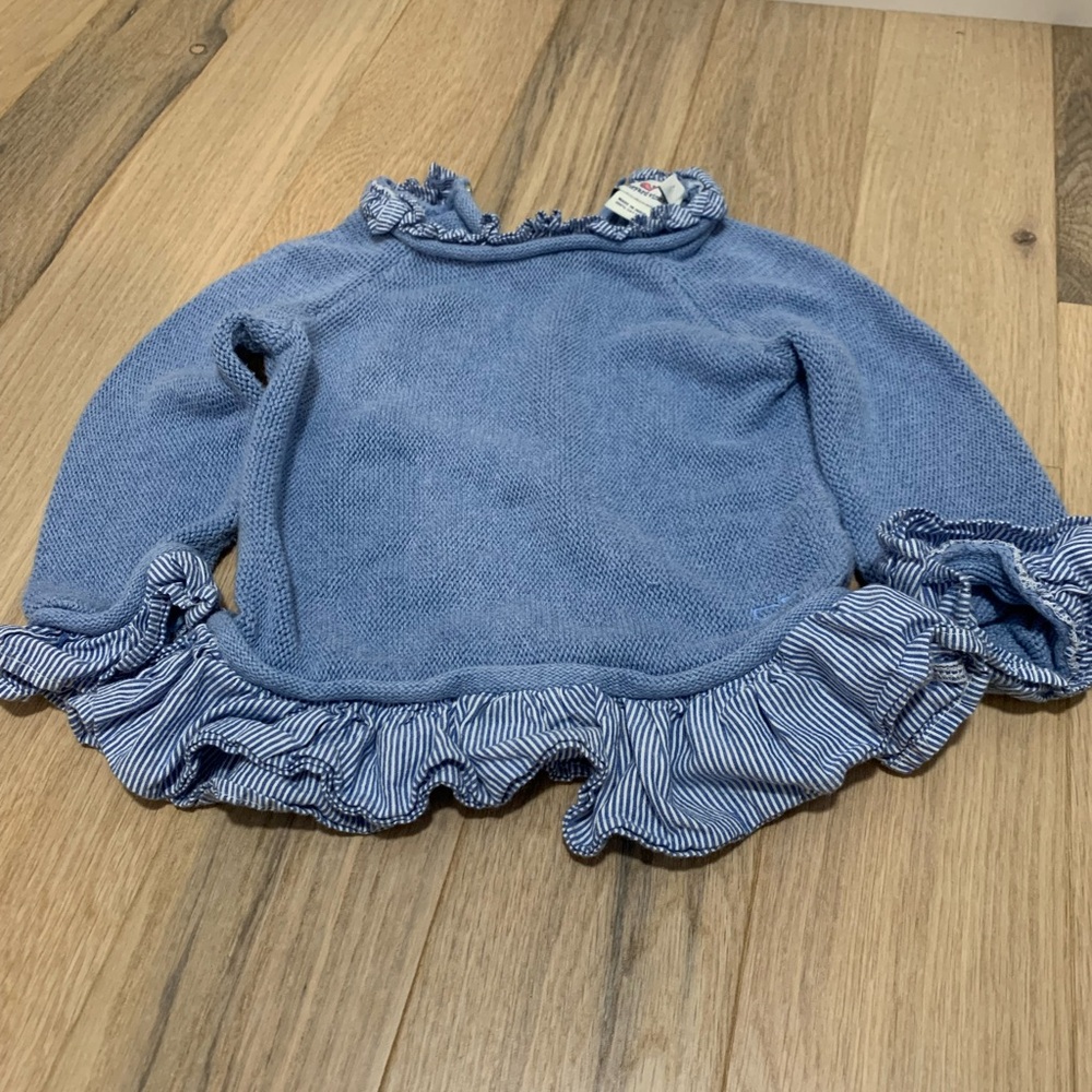 Vineyard Vines Girls Blue Sweater with Striped Ruffle